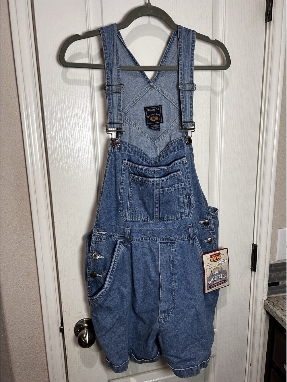 NWT Vintage 90s Route 66 Blue Denim Shortalls Overalls Jean Shorts Sz L Grunge